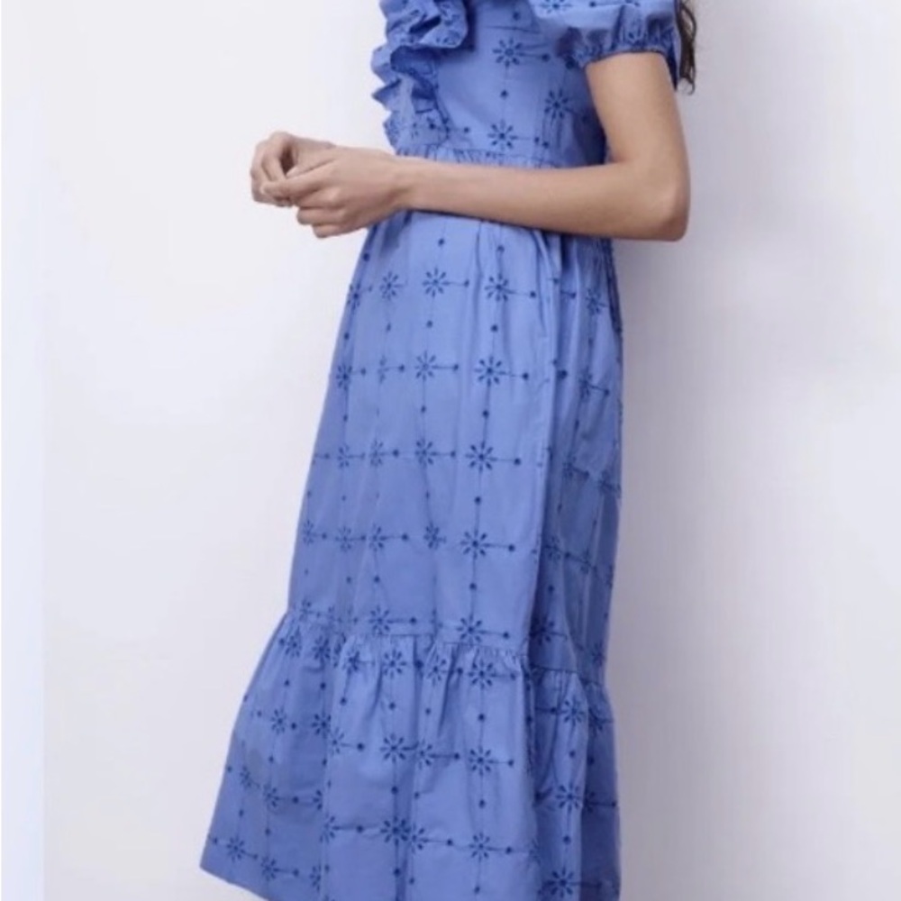 Zara Light Blue Embroidered Ruffle midi Dress M - Picture 6 of 14